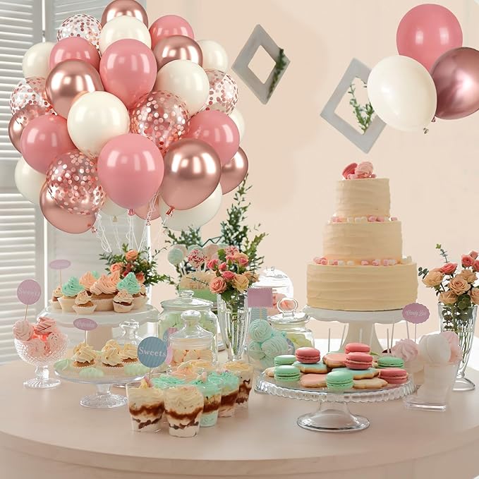 Paready Dusty Pink Balloons, 50 Pcs Retro Blush Pink White Balloons, 12 Inch Metallic Confetti Rose Gold Balloons Helium with Ribbon for Girls Wedding Bridal Baby Shower Birthday Party Decorations