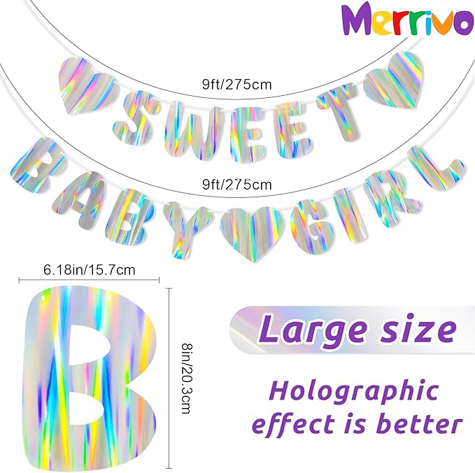 Iridescent Baby Shower Banner for Girl, Pre-Strung Sweet Baby Girl Banner, Holographic Baby Shower Decorations Sign