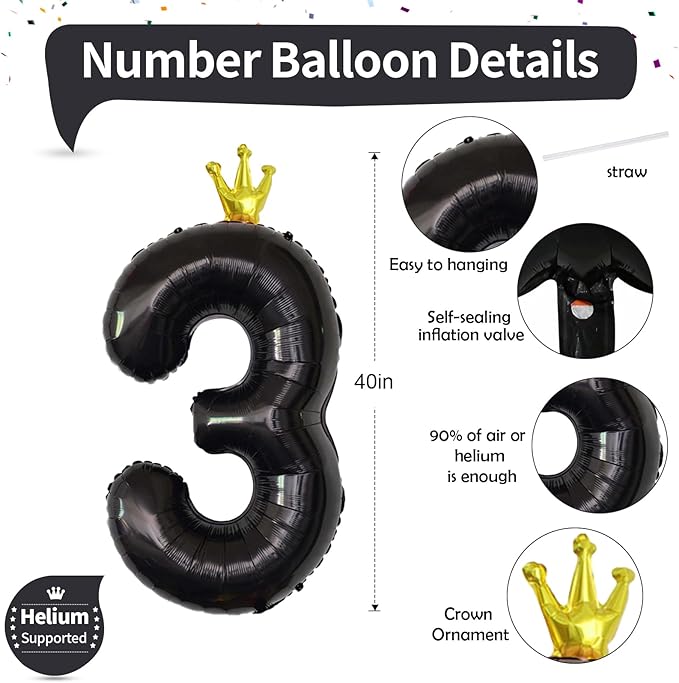 3rd Birthday Number Balloons for Girls, 40 Inch Black Foil Number Balloons, Large Crown Number Balloons 0-9 Set for Boys 30th Birthday Party Decor Anniversary Decoration Supplies