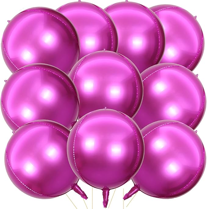 KALOR 10 Pcs 22 Inch Hot Pink Mylar Balloons, Large 4D Giant Round Foil Balloon Big Mirror Metallic Balloons for Birthday Party Baby Shower Gender Reveal Supplies