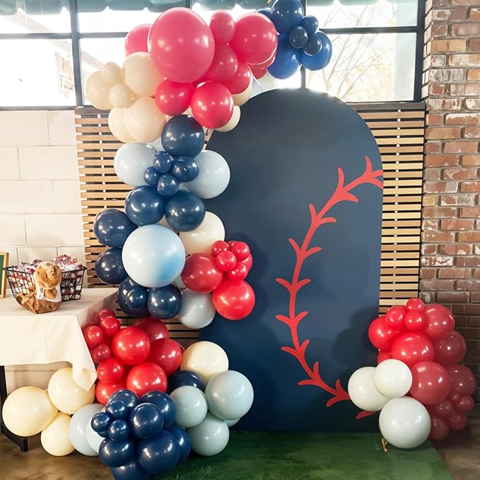 Baseball Theme Balloon Garland Arch Kit, Navy Blue Red Nude Light Dark Blue Balloon Arch with Baseball Glove Foil Balloons for Boys Baseball Themed Birthdays Party Baby Shower Decorations