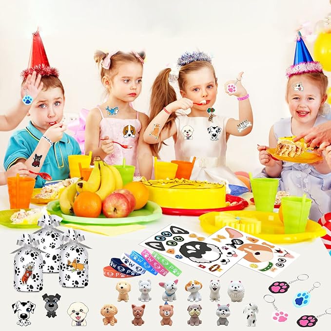 122Pcs Dog Party Favors Gift Set for Kids Dogs Birthday Party Supplies Include 12 Dogs DIY Face Stickers 12 Dogs Bags 12 Keychains 12 Bracelets 50 Stickers for Puppy Parties Favors