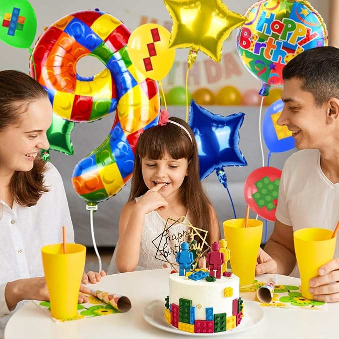 40 Inch Building Block Number Balloon, Colorful Number Block Foil Balloons Large Big Numbers Helium Balloon for Girls Boys 9th Birthday Brick Theme Party Decorations (Number 9)