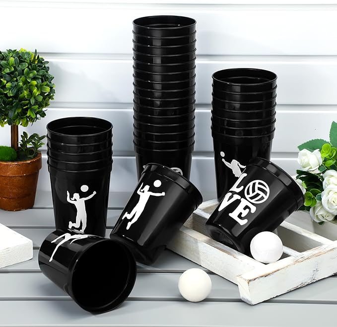 Zhehao 30 Pcs Sport Ball Plastic Cups Hockey Football Basketball Plastic Reusable Drink Cups Bulk 16 oz Stadium Tumbler Stackable Sports Tumbler for Sport Party Supplies(Volleyball,Black)