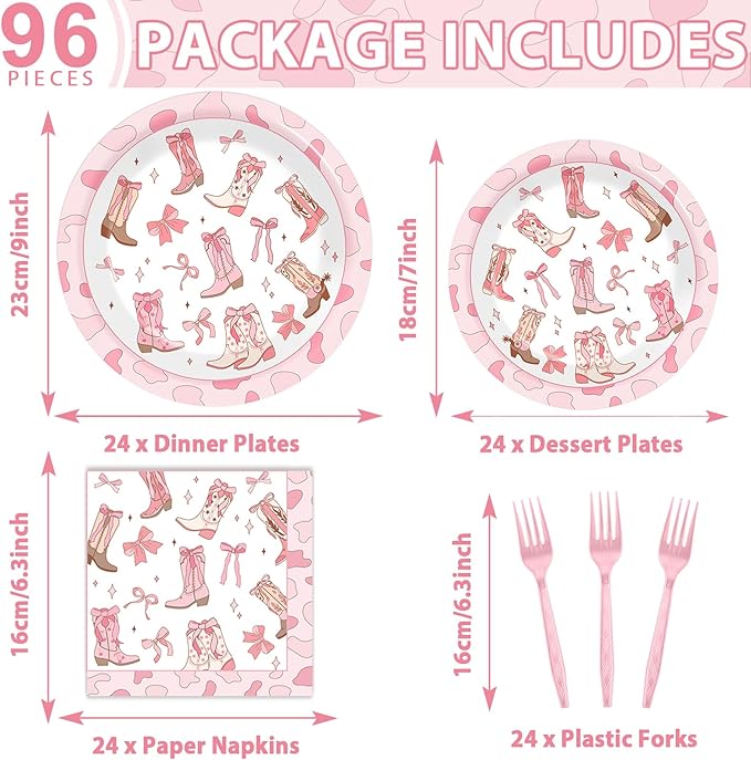 96Pcs Coquette Bow Cowgirl Happy Birthday Party Supplies Western Cowgirl Plates and Napkins Disposable Pink Bowknot Rodeo Tableware Bachelorette for Kids Set Decorations Favors Baby Shower Serve 24