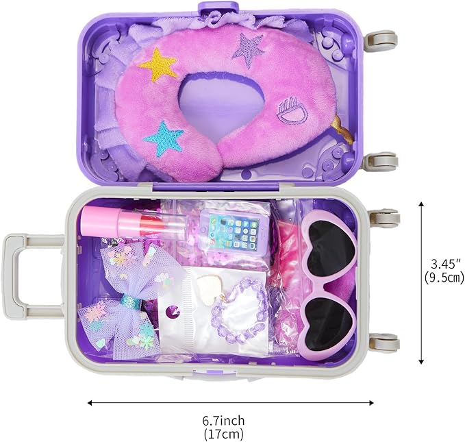 DONTNO 29 Pcs American Doll Clothes & Accessories, Cute Travel Play Set for 18 Inch Doll - Purple Clothes Suit, Unicorn Suitcase, Handbag, Lipstick, Camera, Sunglasses