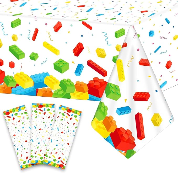 3 Pcs Building Blocks Tablecloth 105 x 54 inches - Building Blocks Theme Party Decorations Disposable Plastic Table Cover for Children Kids Birthday Party Decor Supplies Favors (White)