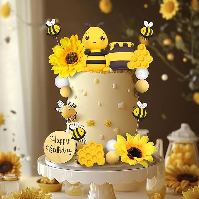 17 PCS Bee Cake Topper Happy bee day Cake Topper Honeycomb Sunflower Cake Decoration for Honeycomb Theme Birthday Party Supplies