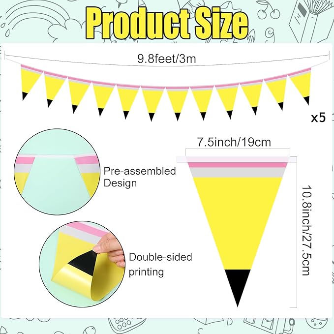 Tiamon 5 Pcs Pencil Pennant Banner Flags 10 Feet Back to School Pencil Decorations First Day of School Decorations Paper Garland Triangle Flags for Classroom Ceiling Teacher Office Hanging Decor