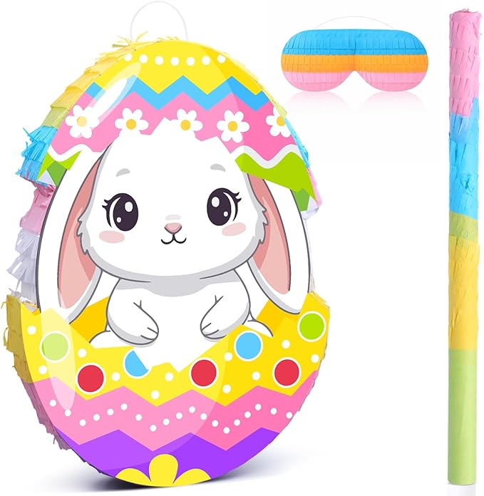 Bunny Easter Egg Piñata with Blindfold, Bat and Filler, Funny Cute Bunny Party Favors for Cute Easter Egg Theme Adults Party Supplies Decoration