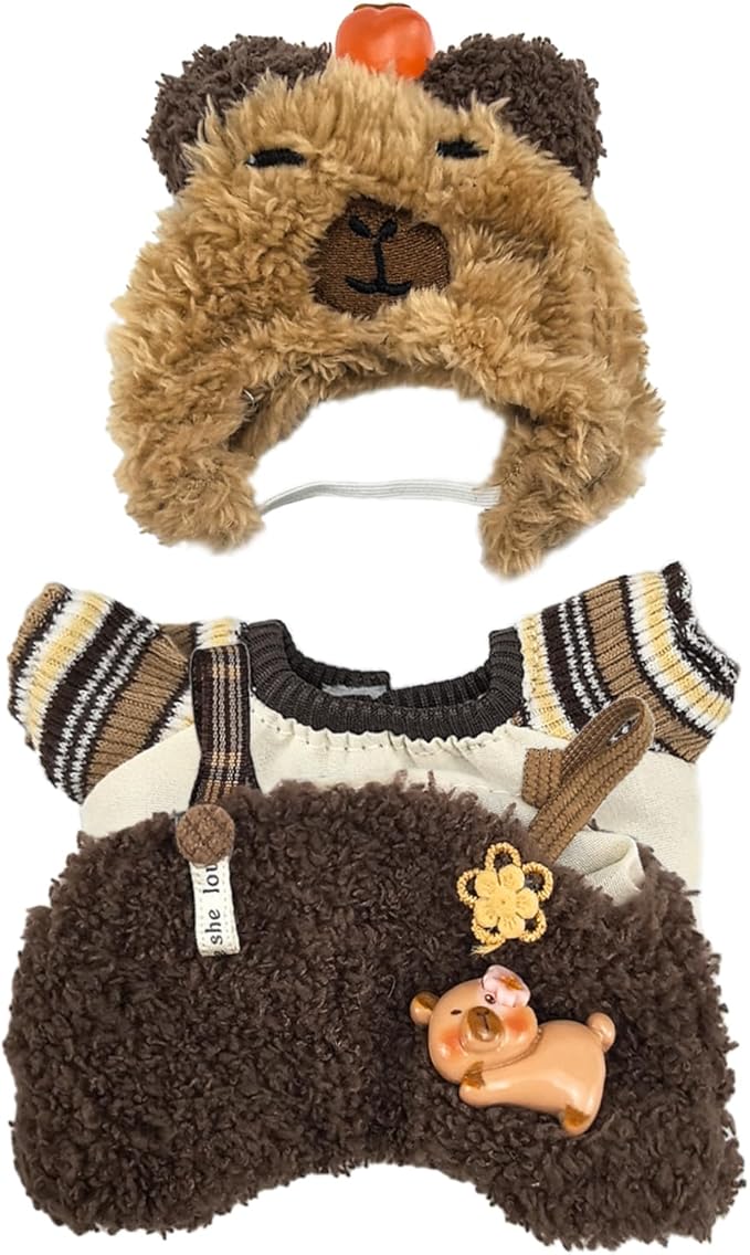 Clothes for Doll 15/17cm - Capybara Head Cover + Top + Overalls (NO Doll),Capibara