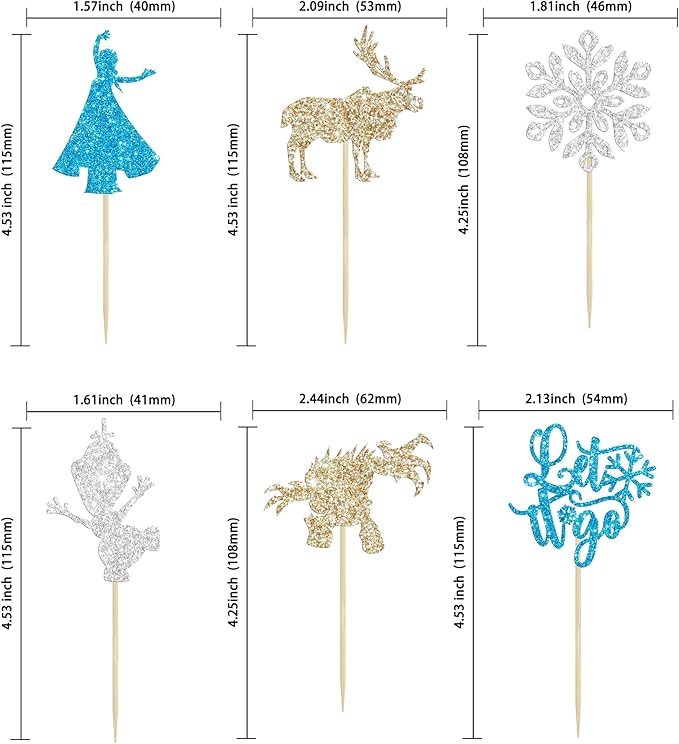 24Pcs Snowflake Cupcake Toppers Glitter Winter Frozen Theme Snowflake Deer Princess Cupcake Pick Decorations for Winter Wonderland Baby Shower Birthday Xmas Party Supplies