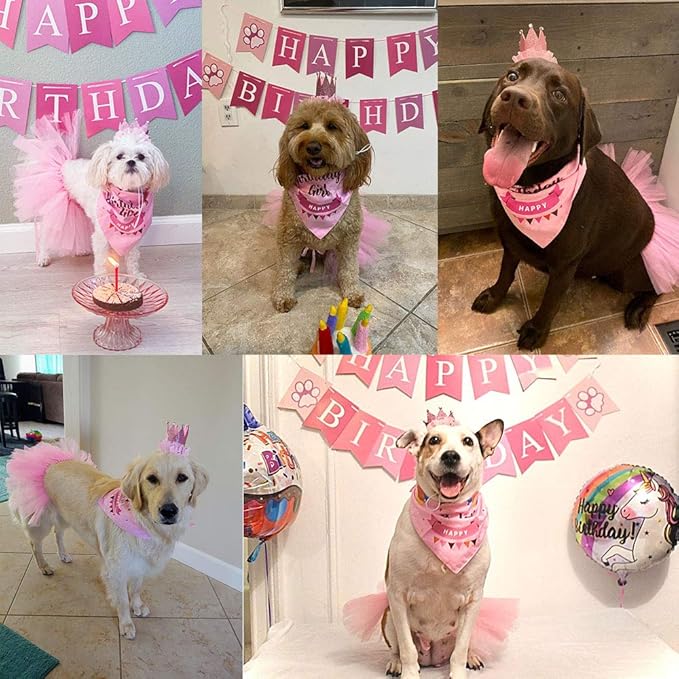 ADOGGYGO Dog Birthday Hat Bandana Girl - Puppy Birthday Party Supplies - Pink Puppy Tutu Hat Scarf Banner Set for Small Dogs (Small)