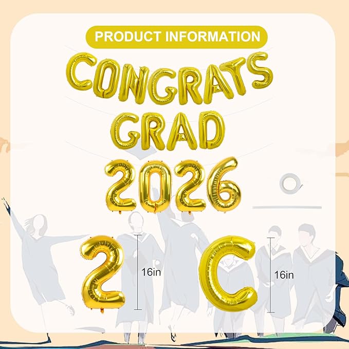 TONIFUL Graduation Balloons 16 Inch Gold Congrats Grad Balloons 16 Inch Gold 2026 Number Foil Balloons for 2026 Graduation Party Graduate Congratulations 2026 Congrats Grad Decorations