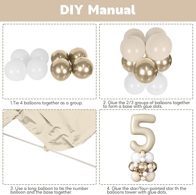 40 Inch Cream Number 5 Birthday Balloon Beige White Sand Number Five Foil Balloon Tower Giant Large Nude Neutral Digit Helium Balloons Stack Stand for Girls Boys 5th Anniversary Party Decoration