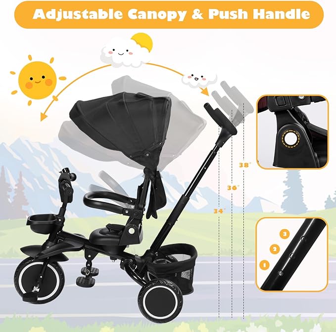 Folding Kids Tricycle, 8 in 1 Toddler Trike W/Removable & Adjustable Canopy, Parent Handle, 5-Piont Harness, Toddler Bike Tricycle for Kids 1-6 Years, EVA Wheels, Storage Basket, Black