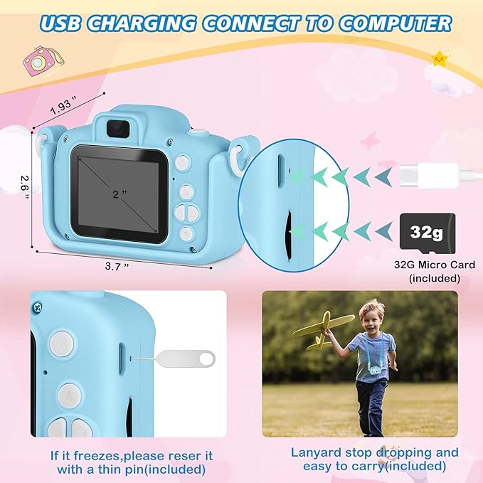 Kids Selfie Camera for 6-8 Year Old Boys, HD Digital Video Cameras for Toddler, Christmas Birthday Gifts for Boys Kids Digital Dual Camera with 32G SD Card