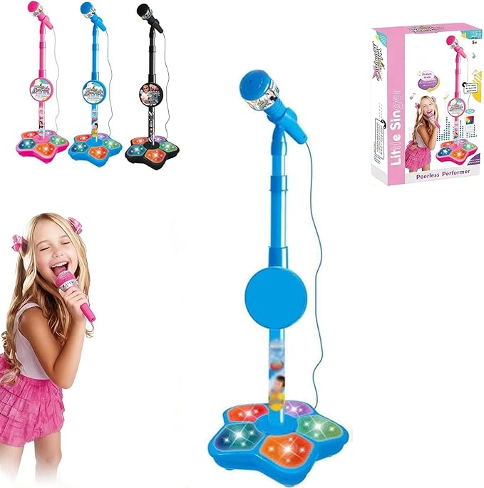 Karaoke Machine Toy with Light, Kids Karaoke Microphone with Stand, Adjustable Stand, Built-in Music, Colorful Lights, and Echo Effects, Birthday for Girls Boys (Blue)