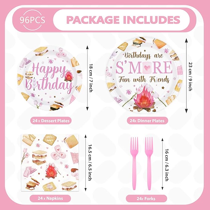 96Pcs S'mores Camping Birthday Decorations Birthdays Are S’more Fun with Friends Plates and Napkins Pink Camping Theme Tableware Set for Girls Camper Campfire Bonfire Birthday Party Supplies Serves 24