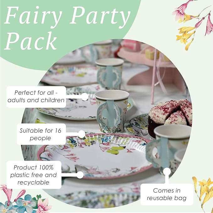Talking Tables 50pcs Fairy Party Wildflower Decorations Disposable Tableware Butterfly Bunting, Paper Cups, Plates Pretty Napkins Kids Birthday, Mother's Day, Afternoon Tea, Baby Shower for 16 Guests