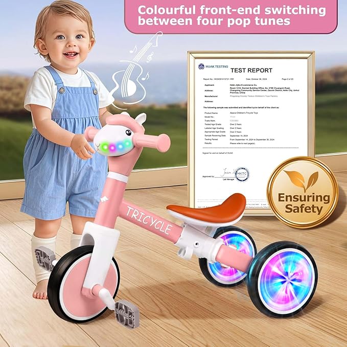 Toddler Balance Bike for Boys Girls, Tricycle for Toddlers 1-5 Year Olds, Toddler Tricycle with Light & Music Front, Kids Bicycle with Removable Pedal, Birthday Gifts for Kids (Flash Wheel Pink)