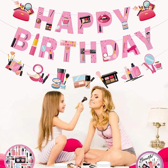 Zwiebeco Makeup Happy Birthday Banner Sign Spa Party Hanging Paper Decorations for Girls Women Glamour Cosmetics Theme Accessories Supplies