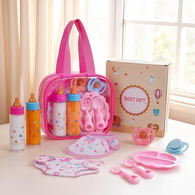 BABESIDE Baby Doll Accessories, 10 Pcs Disappearing Doll Feeding Set for Toy Stroller, Doll Care Pretend Play Kit with Magic Bottles, Pacifiers, Bib, Diaper & Carry Bag for 12–15 Inch Dolls