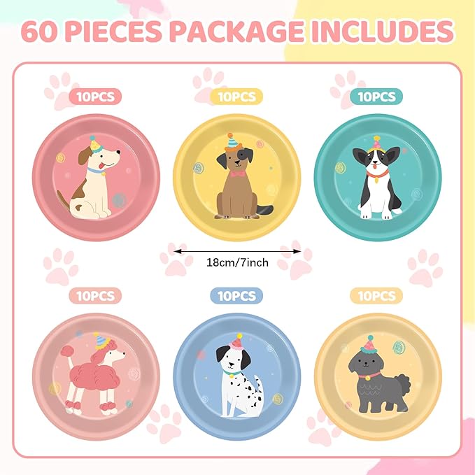 60pcs Pet Dog Birthday Party Supplies Vintage Puppy Paper Plates 7 Inch Retro Puppy Face Dessert Plates Cute Dog Themed Table Decorations Tableware for Kids Birthday Baby Shower Disposable Party Favor