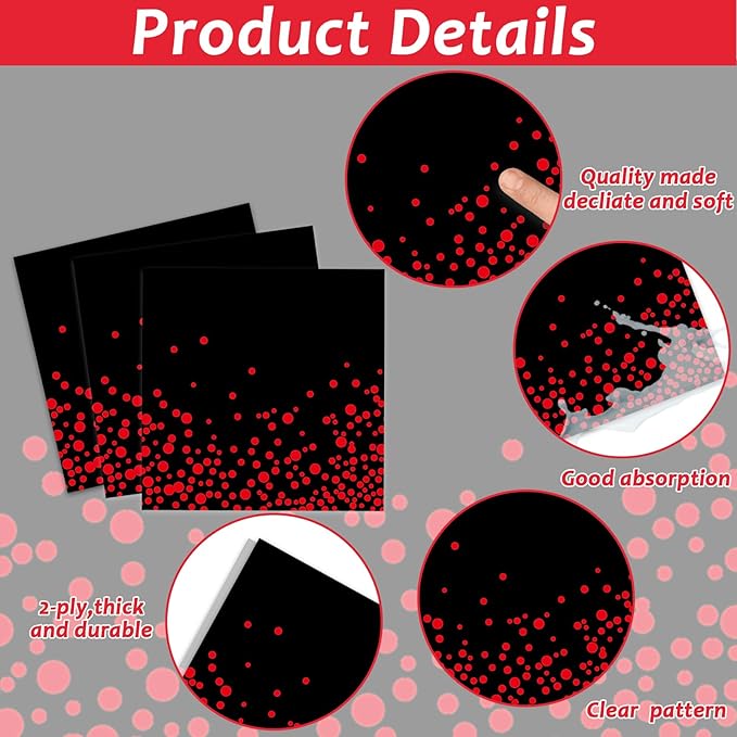 96 Pcs Black and Red Party Plates and Napkins Party Supplies Red Dot on Black Party Birthday Tableware Set Decorations Favors for Birthday Baby Shower Serves 24