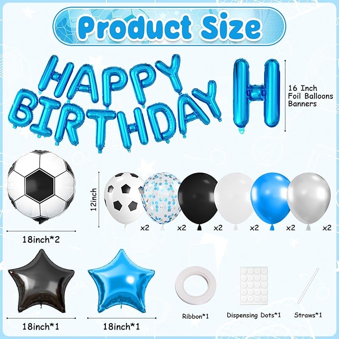 29PC Soccer Happy Birthday Balloon Banner, 16Inch 3D Aluminum Letter Banner Sign, Metallic Blue and Silver Confetti Balloon 18 Inch Black Blue Star Foil Balloons for Soccer Party Decorations
