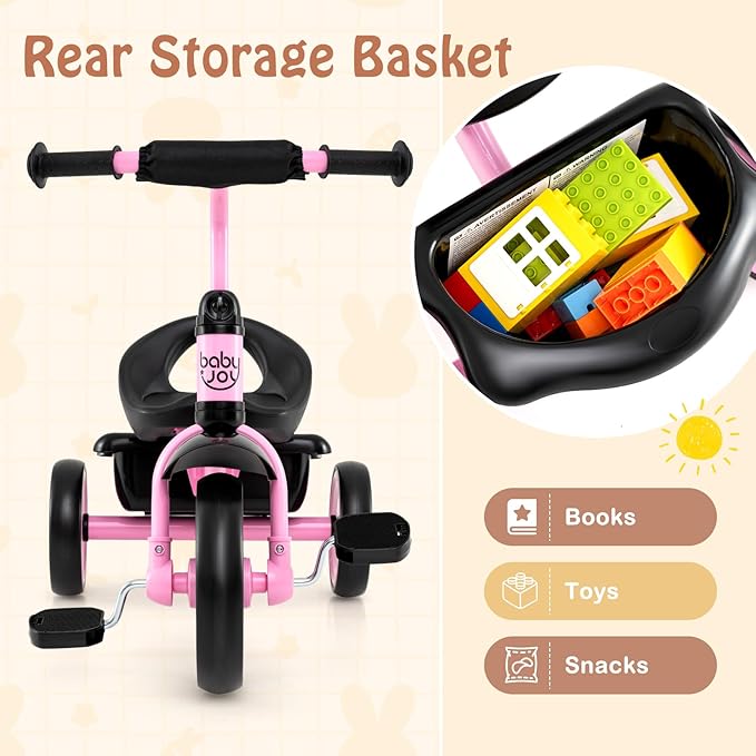 BABY JOY Toddler Tricycle, Kids Trike with Adjustable Seat and Storage Basket for Boys Girls Indoor and Outdoor Riding, Toddler Trike for Baby 3-5 Years Old (Pink)