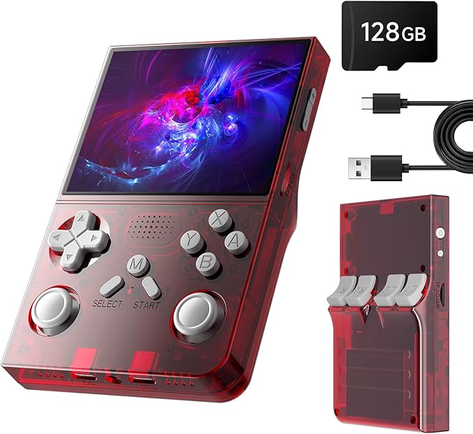 R40 Retro Handheld Game Console - Open Source System,3.5" IPS Screen, 18,000+ Classic Games, 128G TF Card, 3000mAh Battery, Portable Gaming Player for Travel, Retro Gaming Console, Red