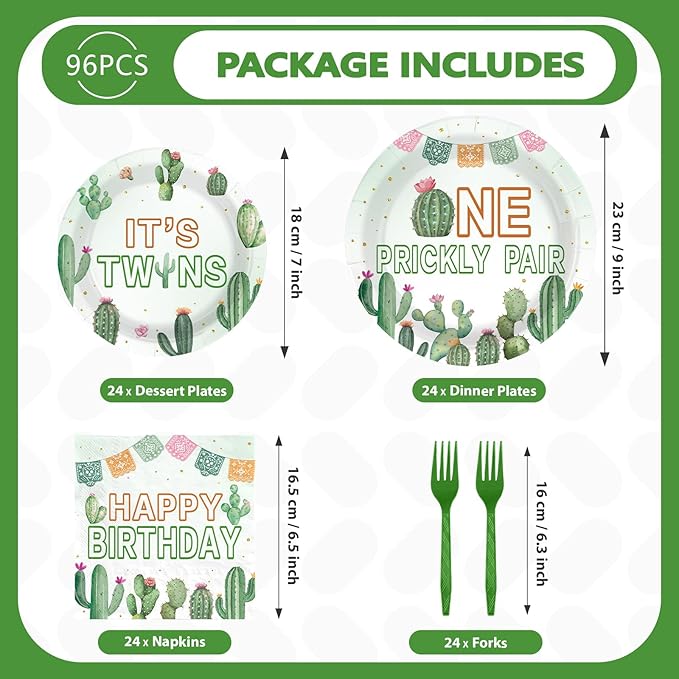 96Pcs Mexican Twins Baby Shower Decorations One Prickly Pair Plates and Napkins Mexico Fiesta 1st Birthday Decoration Favor for Twin Boys Girls Cactus Gender Reveal Birthday Party Supplies Serves 24