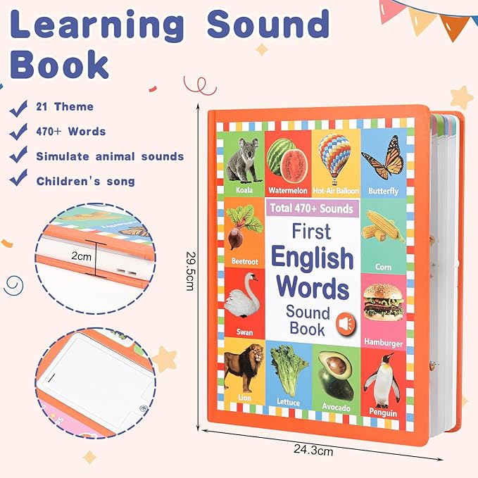 Learning Sound Books, First English Words Sound Book, 21 Themes 470+ Words Interactive Electric Learning Books for Toddlers 2-6 Year Olds, Audio Books for Kids, Gifts for Boys and Girls