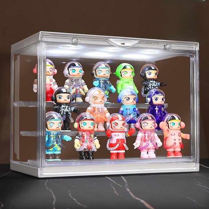 LED Acrylic Display Case for Collectibles, Cordless Power Stacking Showcase with 3-Tier Steps - Clear Dustproof Protector Box with Magnetic Door for Action Figures, Popmart, Funko pop