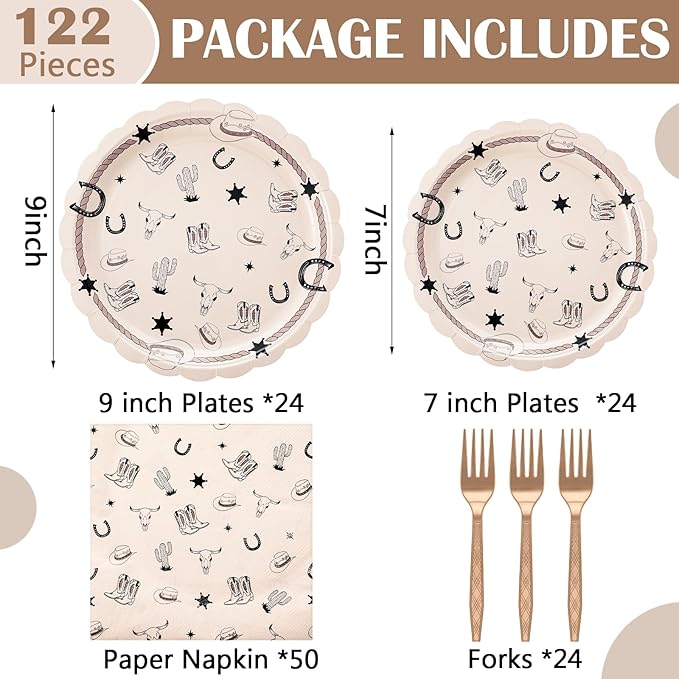 122 Pcs Cowboy Paper Plates and Napkins Forks Western Birthday Supplies First Rodeo Bachelorette Party Plates Cowboy Ranch Tableware Set for Kids Boys Baby Shower Decorations, Serve 24