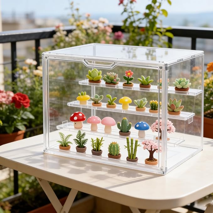 Clear Acrylic Display Case for Collectibles Storage Box 4 Tiers Stackable Showcase with 3 Movable Plates and Magnetic Door for Action Figures Mini Potted Plants Blind Box