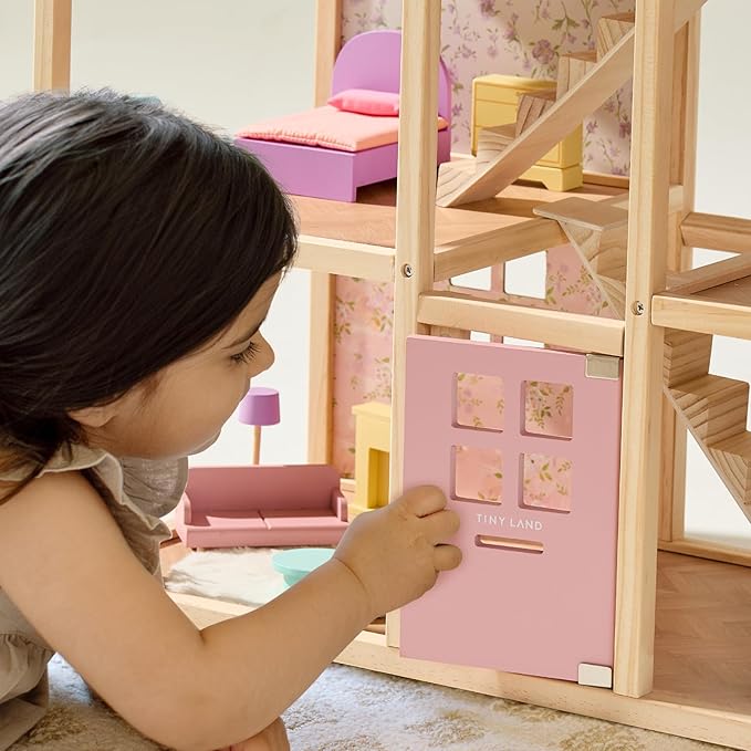 Tiny Land Wooden Dollhouse for Girls - 6 Rooms Wooden Doll House, DIY Pretend Doll House with 31Pcs Furniture Accessories, Creative Gift for Girl Ages 3+ (Unicorn Purple)
