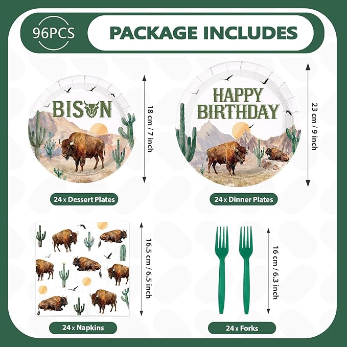 96Pcs Bison Happy Birthday Party Decorations Western Bison Birthday Plates and Napkins Sets Western Wild Highland Animals Cactus Decorations for Boys Girls Wild West Party Supplies Serves 24