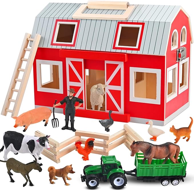 Wooden Barn Toys, Play Barn with 12 Animal Play Figures for 3+ Years Old, Toy Barn and Farm Animals，Wooden Barn Playset for Christmas Birthday Gift for Boys Girls