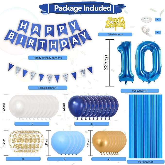 10th Birthday Decorations, Dark Happy Birthday Party Decorations With Number 10 Balloons Metallic Gold Pearl White Light Blue Fringe Curtain Banner Cake Topper For Boy Girl Party Supplies
