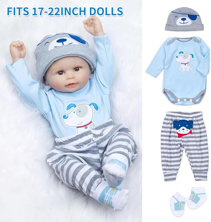 9 Pieces Reborn Baby Doll Clothes Blue Dog Doll Accessories Set for 17-22 Inch Reborn Baby Doll Clothing Gift Sets (Basket+ Blanket)