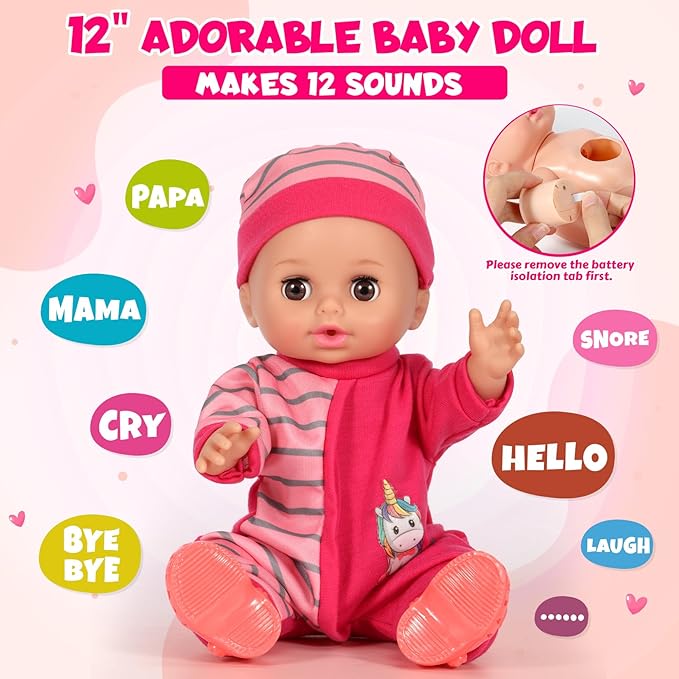 12'' Baby Doll Set with Crib and High Chair, 32 PCS Interactive Baby Doll Make 12 Sounds with Baby Doll Accessories, Doll Playset Toddler Girl Toys Birthday Gifts for 3 4 5 Years Old