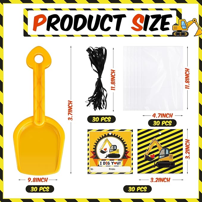 Capoda 30 Set Construction Theme Plastic Shovel with Clear Cellophane Bag Construction Theme I Dig You Cards and Ropes for Boys and Girls Classroom Exchange Prizes Vehicle Party Favor Supplies