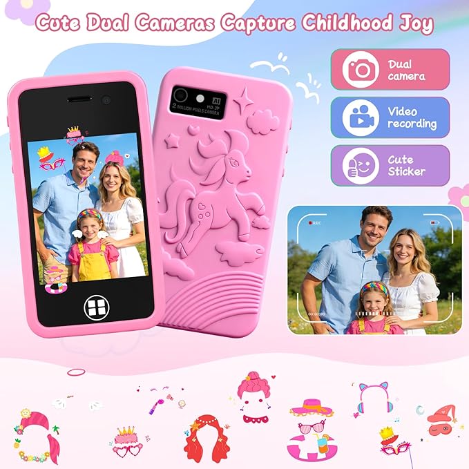 Kids Toy Smart Phone for 4-8 Year Old Boys Girls | Dual Camera, 14 Educational Games, Drop-Proof Fake Phone with MP3 Player & 16GB SD Card, Perfect Christmas Birthday Gift (Pink)