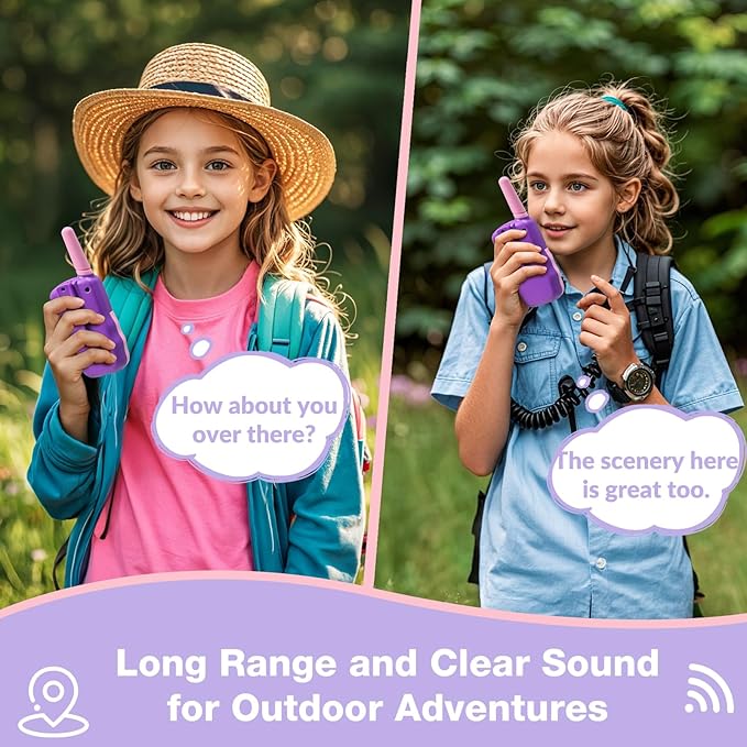 BATURU Walkie Talkies for Kids 2 Pack Purple, Girls Toys Age 6-8 8-10 Birthday Gifts, Indoor Play, Outdoor Camping & Hiking, Toddler Walkie Talkies Age 3-5, Easy to Use, 22 Channels, 3 Miles Range