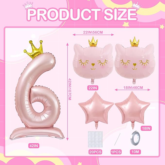 Pink Cat Balloon Set, Crown Cat Foil Balloon, 6 Year Old Girl Birthday Party Decoration, Cat Theme Party Decoration, Theme Party Supplies for Girls Kitten Pet Cat (6)