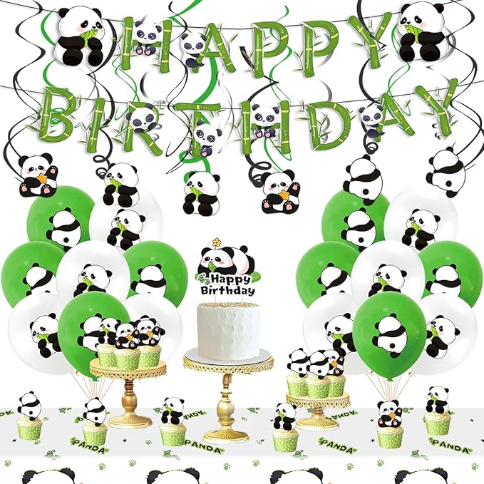 65pcs Cute Panda Birthday Party Supplies Set Panda Birthday Banner Hanging Spiral, Cake Toppers,Balloons Tablecloth Baby Shower Panda Party Decorations