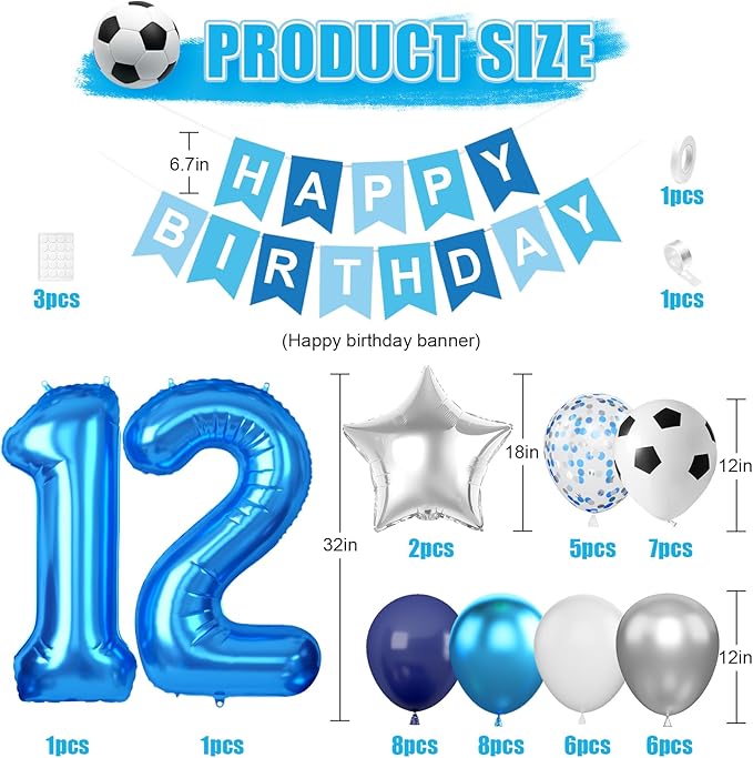 12th Soccer Birthday Party Decoration for Boys, 12th Soccer Party Decoration with Blue White Silver Balloons 'HAPPY BIRTHDAY' Banner 32in Foil 12 Balloon for Boy Kids Baby Shower Decor