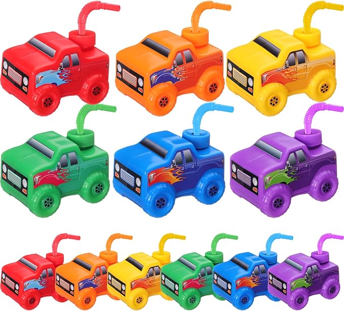 Tanlade 12 Set Monster Truck Road Cups with Straws, Plastic Vehicle off Road Drink Cup Reusable Truck Cups Bulk Race Car Birthday Party Favor Supplies for Racing Party Supplies (Classic Color)